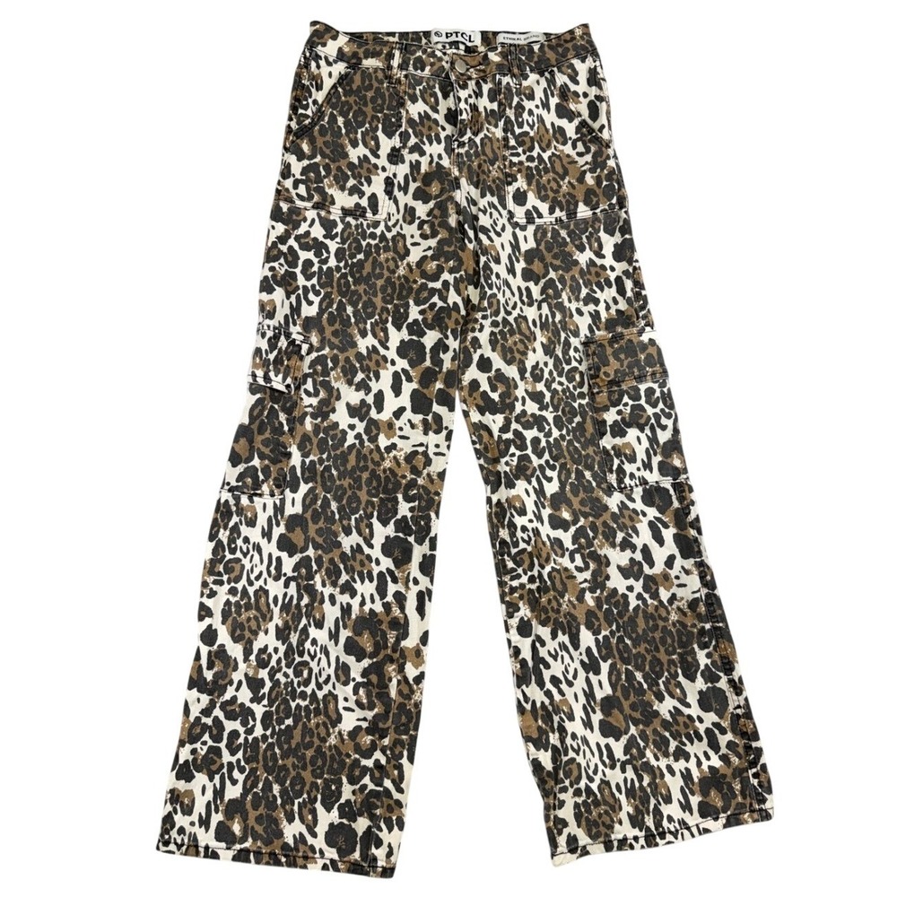 PTCL‎ Ethikal Brand Womens Leopard Print Cargo Pants Wide Leg Brown Tan Size 28
